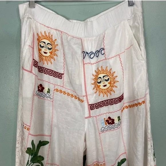 Anthropologie Pilcro Embroidered Patchwork Pants Tropical Vacation Baggy XL